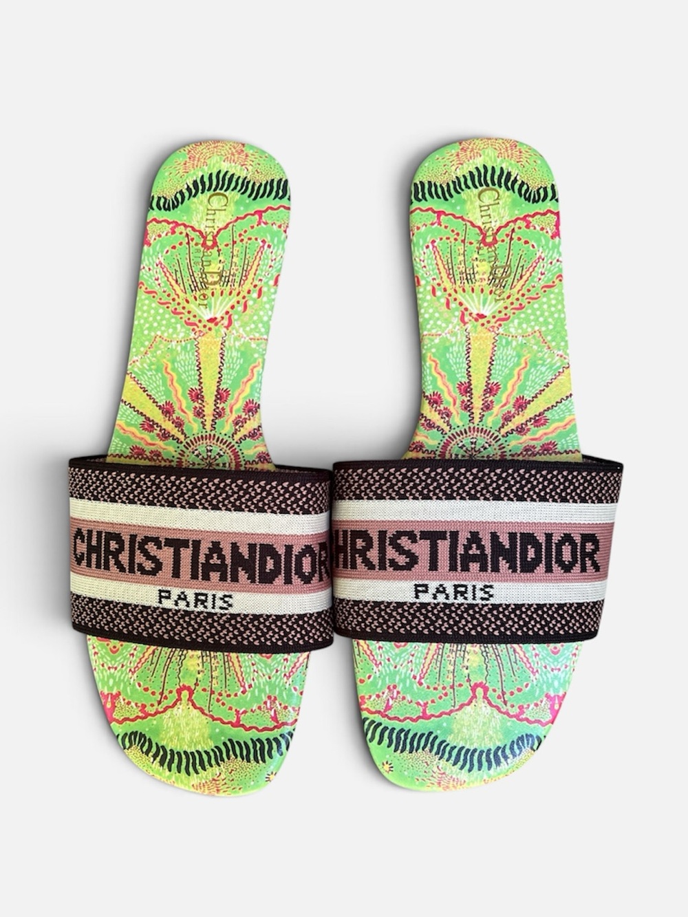 Vibrant Pink & Green Embroidered Canvas Slide Sandals Sz 41
